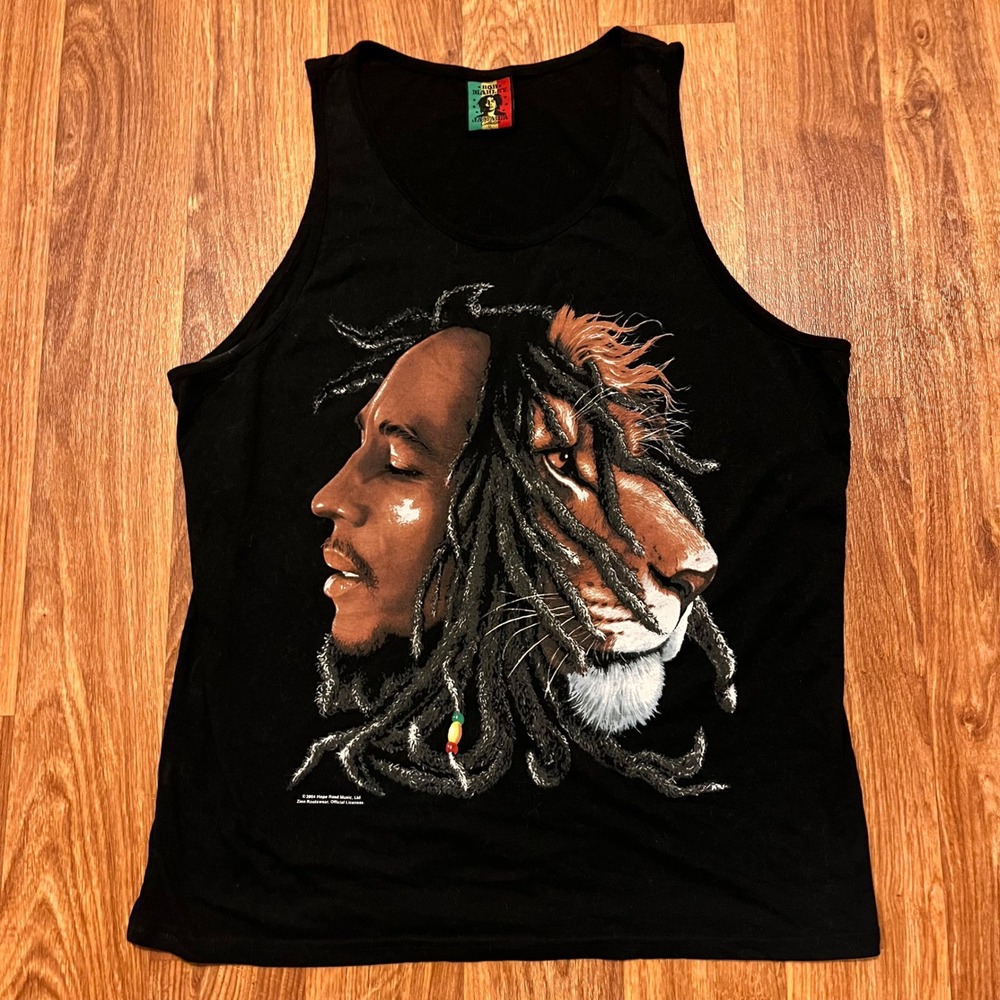 Vintage Bob Marley Tank Top Mens XL Black Graphic Y2K 2004 Zion Rootswear
